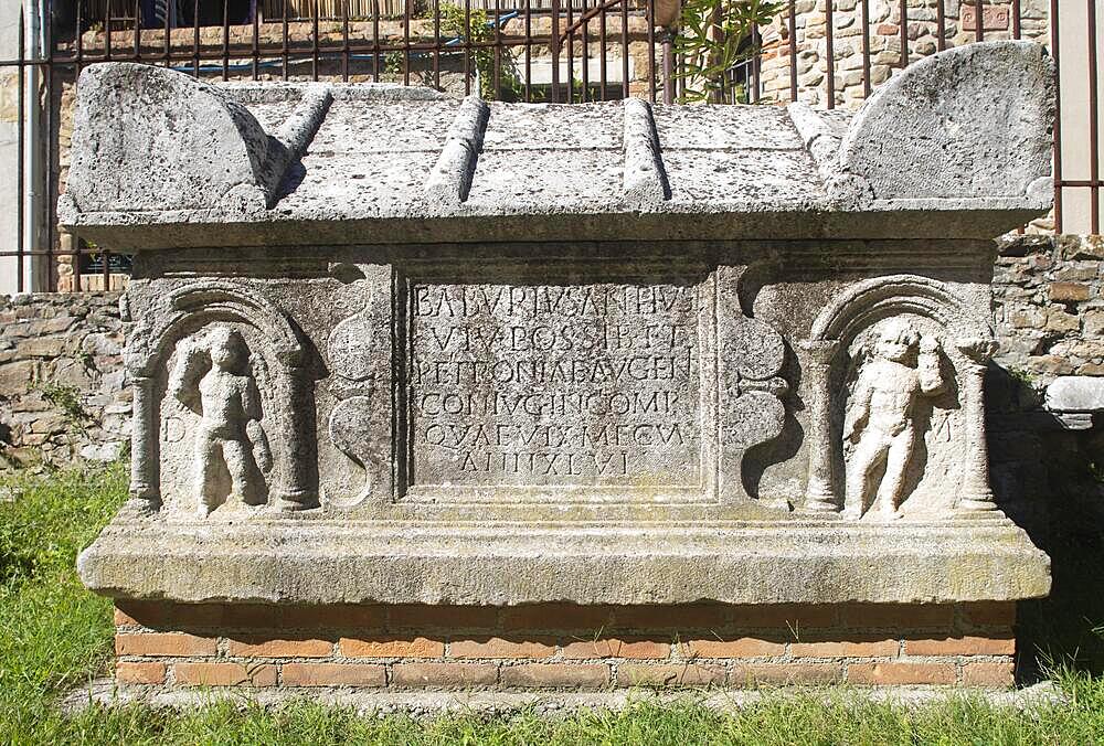 Roman sarcophagi in front of the Baptistery, Basilica of Sant Eufemia, Grado, Friuli Venezia Giulia, Italy, Europe