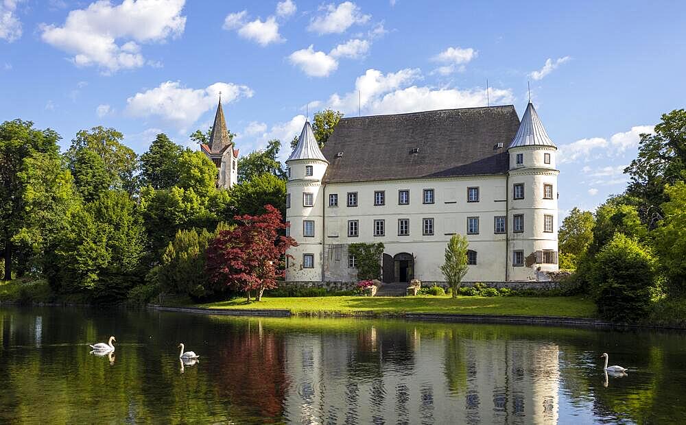 Drone shot, Renaissance castle, Hagenau Castle, Mattig estuary, Sankt Peter am Hart, Innviertel, Upper Austria, Austria, Europe