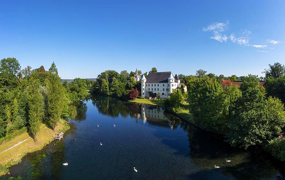 Drone shot, Renaissance castle, Hagenau Castle, Mattig estuary, Sankt Peter am Hart, Innviertel, Upper Austria, Austria, Europe