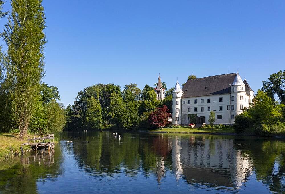 Drone shot, Renaissance castle, Hagenau Castle, Mattig estuary, Sankt Peter am Hart, Innviertel, Upper Austria, Austria, Europe