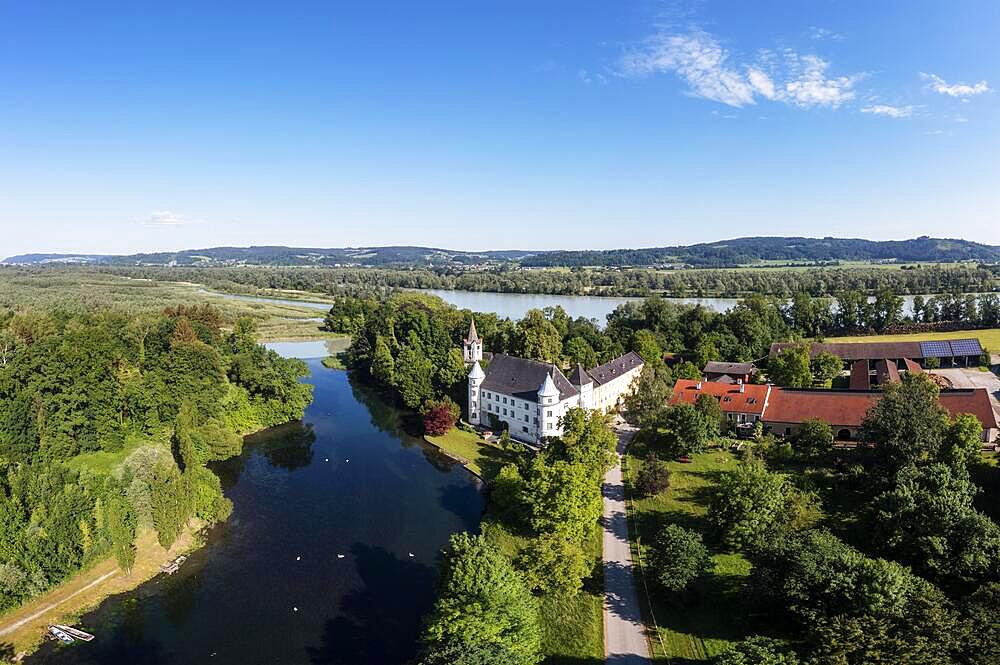 Drone shot, Renaissance castle, Hagenau Castle, Inn, Sankt Peter am Hart, Innviertel, Upper Austria, Austria, Europe