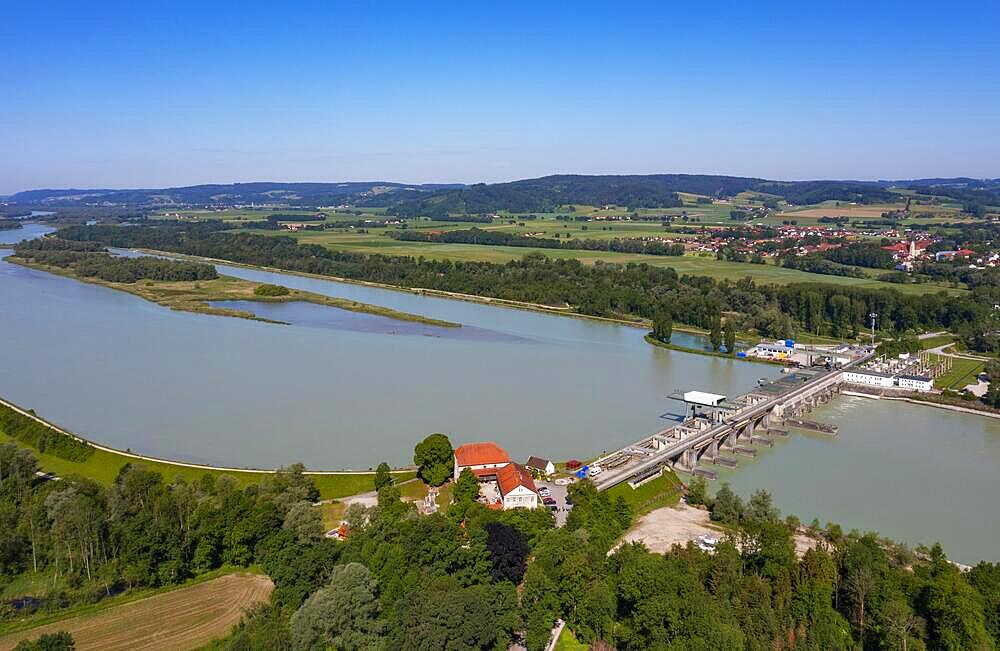 Drone shot, Inn power plant Ering Frauenstein, Frauenstein Castle, Mining, Inn, Innviertel, Upper Austria, Austria, Germany, Europe