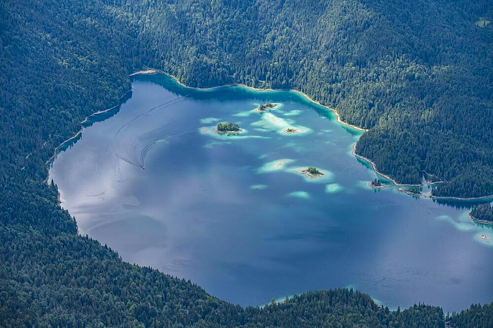 Detailed view of islands and forest at the Eibsee lake, Bavaria, Germany, Europe