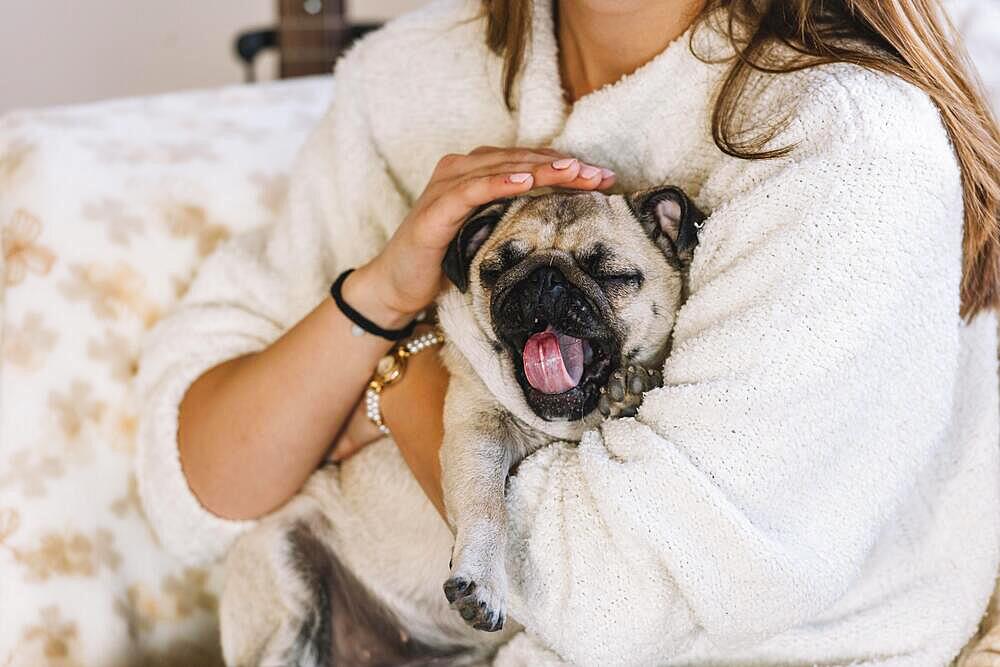 Woman holding funny little dog