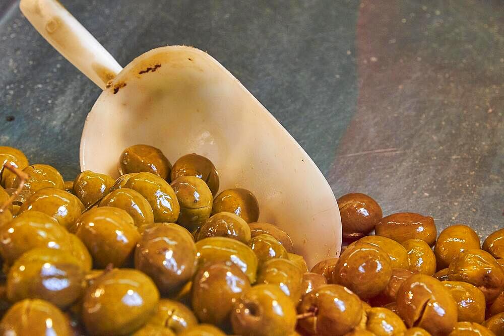 Pickled green olives (Olea europaea), plastic scoop, markets, open air, Palermo, capital, Sicily, Italy, Europe