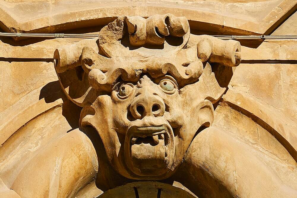 Palazzo Beneventano, head of a demon, house facade, Scigli, baroque town, baroque corner, southeast, Sicily, Italy, Europe