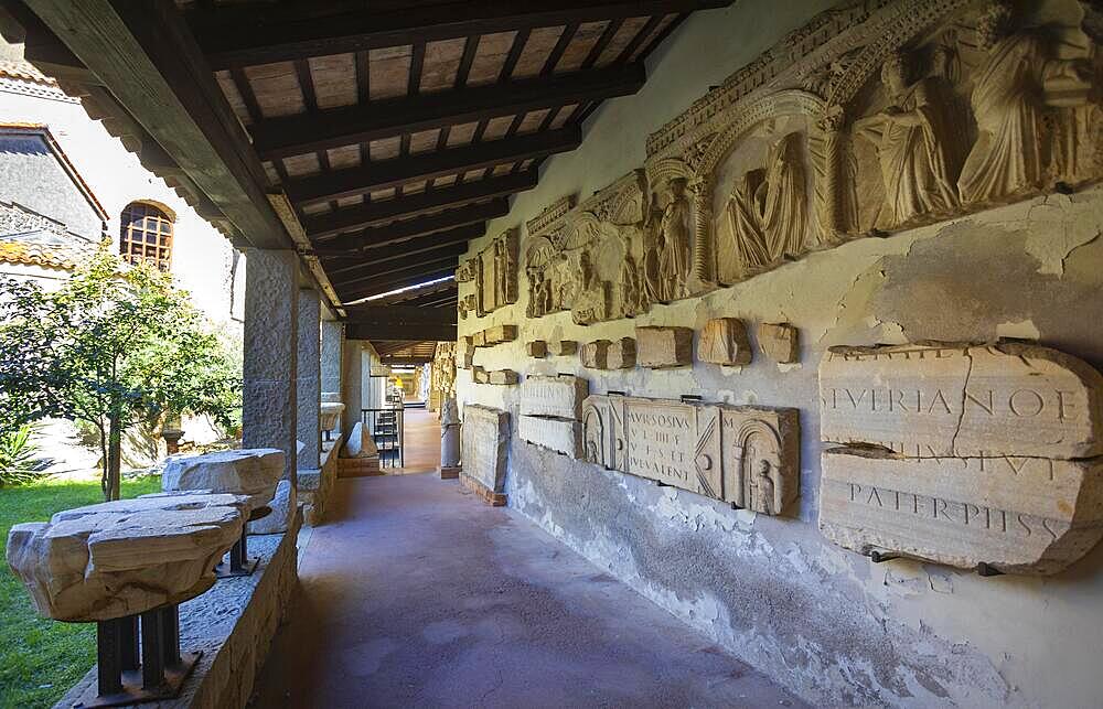 Ancient fragments of sculptures in the Grado Lapidarium, Basilica di Sant Eufemia, Grado, Friuli Venezia Giulia, Italy, Europe