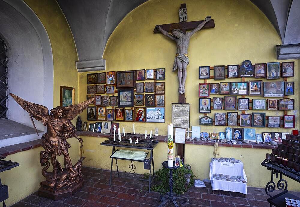 Votive tablets in the pilgrimage church of Maria Himmelfahrt in Sammarei, Klosterwinkel, Ortenburg, Lower Bavaria, Germany, Europe