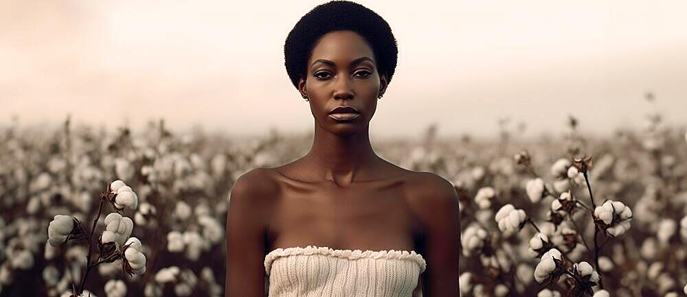 Contemplative mysterious african american woman standing amidst the cotton field. generative AI