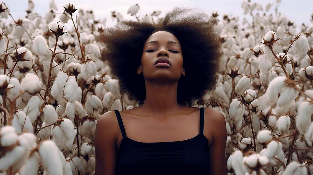 Contemplative mysterious african american woman standing amidst the cotton field. generative AI