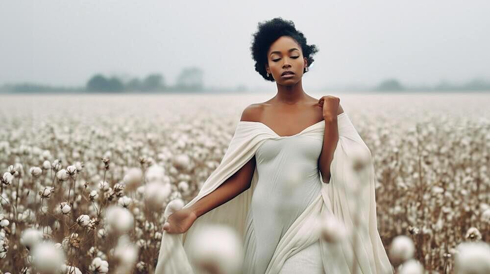 Contemplative mysterious african american woman standing amidst the cotton field. generative AI