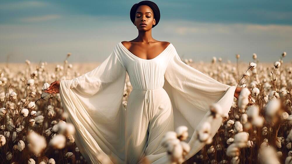 Contemplative mysterious african american woman standing amidst the cotton field. generative AI