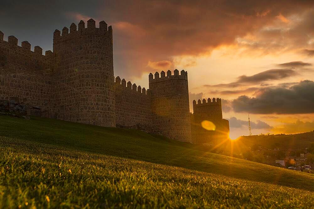 Avila city wall one afternoon with a beautiful sunset, Spain, Europe