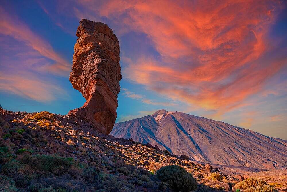 Sunset at Roque Cinchado next to Teide in the natural park of Tenerife, Canary Islands. Spain