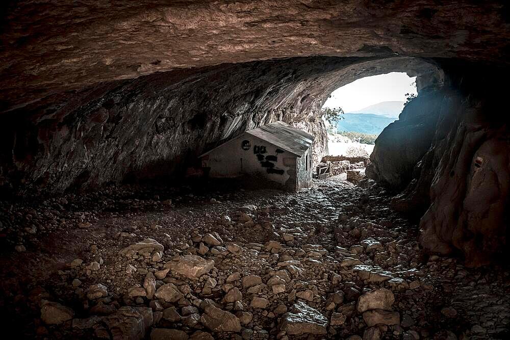 Mount Aizkorri 1523 meters, the highest in Guipuzcoa. Basque Country. Ascent through San Adrian and return through the Oltza fields. Interior of the cave of San Adrian