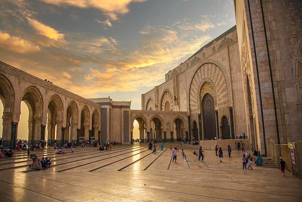 Casablanca, Morocco, August 2018: beautiful sunset at the Hassan II mosque, Africa