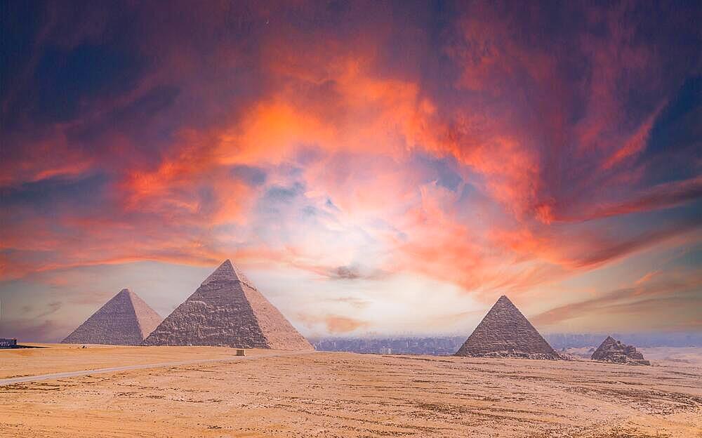 Pyramids of Giza at sunset, the oldest Funerary monument in the world. In the city of Cairo, Egypt, Africa