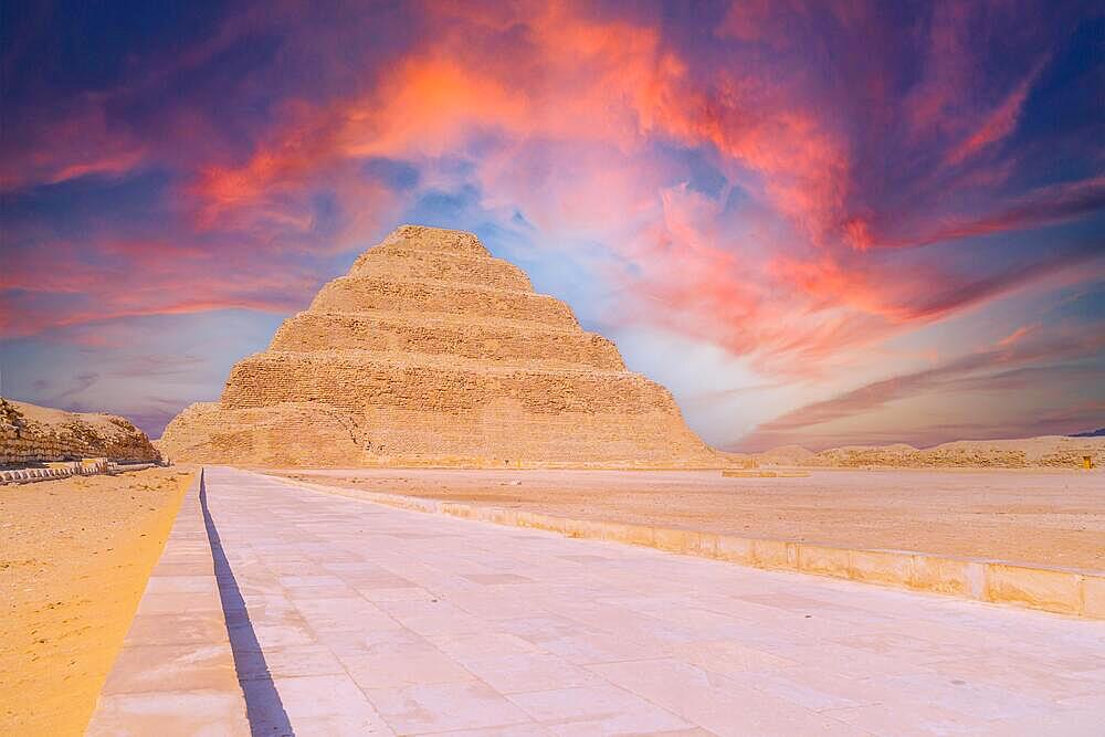 The Stepped Pyramid of Djoser at sunset, Saqqara. Egypt. The most important necropolis in Memphis. The first pyramid in the world