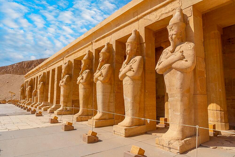 Sculptures of pharaohs entering the Funerary Temple of Hatshepsut in Luxor. Egypt