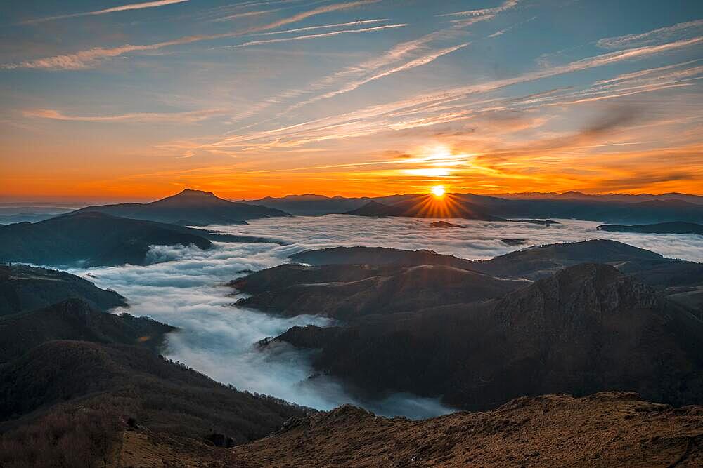 Beautiful sea of clouds seen from the mountain of Penas de Aya. Basque Country