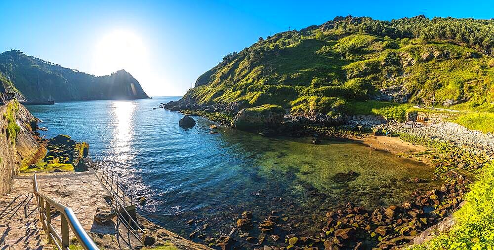 Panoramic view of the beach in the town of Pasajes San Juan near San Sebastian. Gipuzkoa, Basque Country. Vertical photo