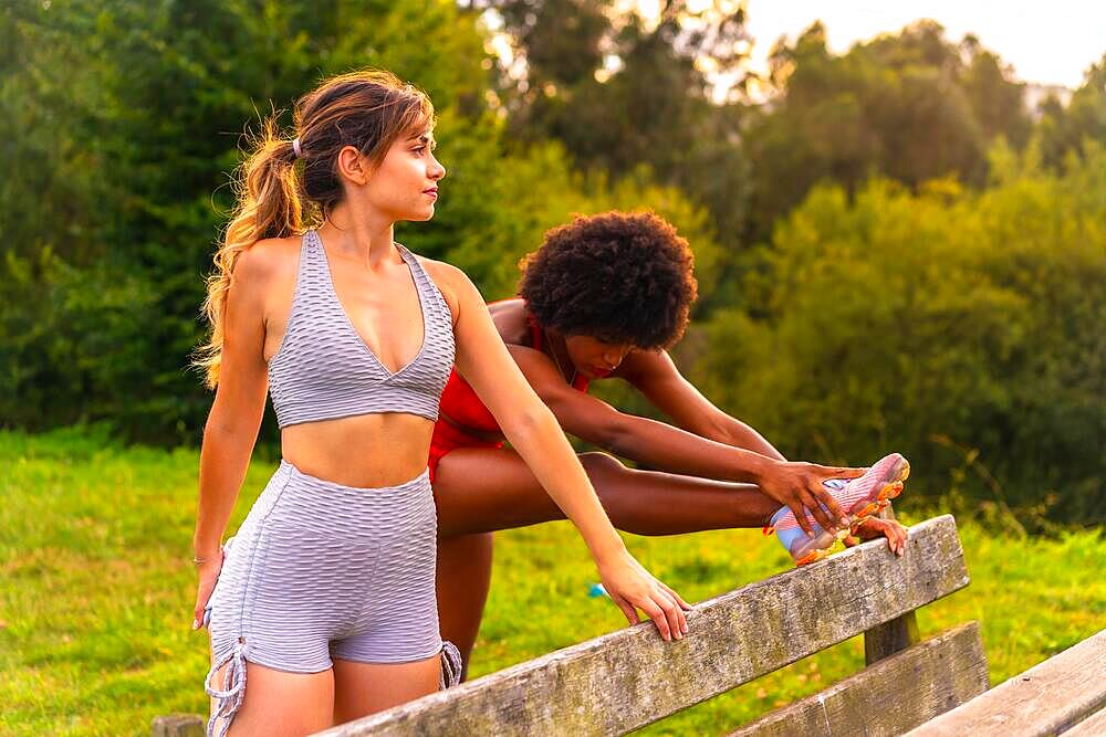 Caucasian blonde girl and dark-skinned girl with afro hair doing stretching before starting sports in the park. Healthy life, fitness, fitness girls, gray and red sport outfits