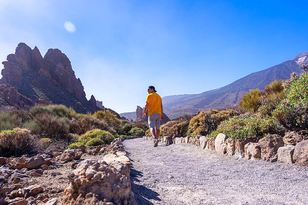 A tourist walking on the path between Roques de Gracia and Roque Cinchado in the natural area of Teide in Tenerife, Canary Islands