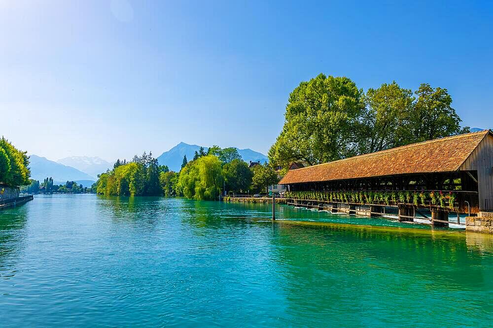 Beautiful Obere Schleuse Bridge in City of Thun in a Sunny Summer Day in Thun, Bernese Oberland, Bern Canton, Switzerland, Europe