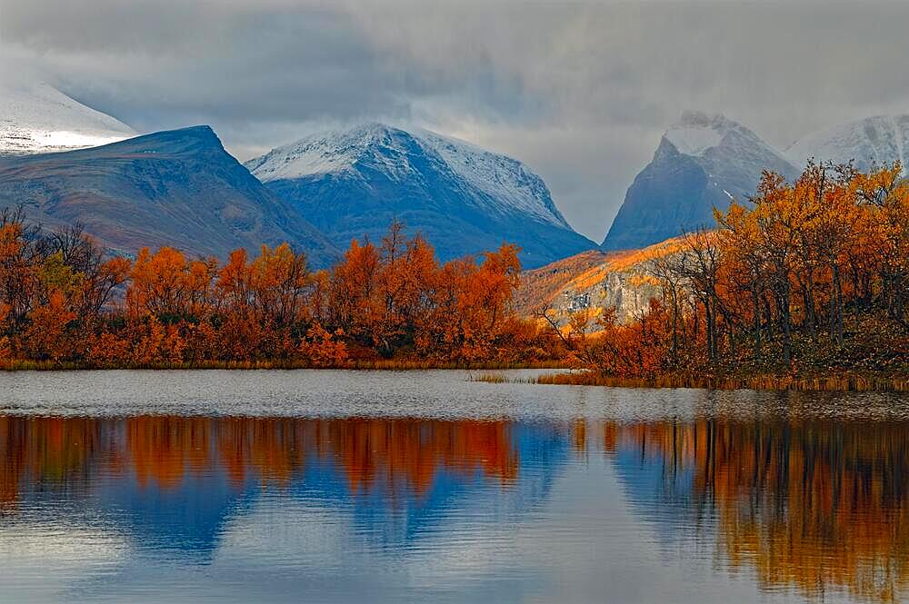 Autumn atmosphere at a lake framed by birch trees, autumn, intense colours, reflections, in the background mountains Tuolpagorni on the right, mountain Singitjakka on the left, in the middle valley Singivagge, Nikkaluokta, Kiruna, Gaellivare, Norrbottens laen, Lapland, Northern Sweden, Sweden, Europe