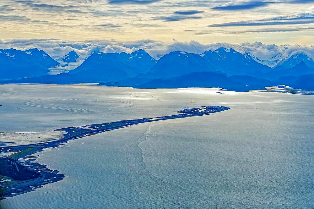 Aerial view of Homer Spit, Homer, Kachemak Bay, mountains of Kachemak Bay State Park, Kenai Peninsula, South Alaska, Alaska, USA, North America