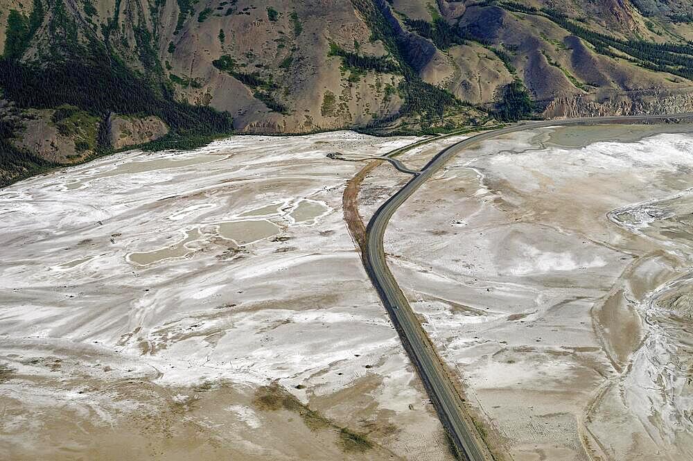 Aerial view of the Alaska Highway in the Slims River Valley, with Sheep Mountain in the background, Yukon Territory, Canada, North America