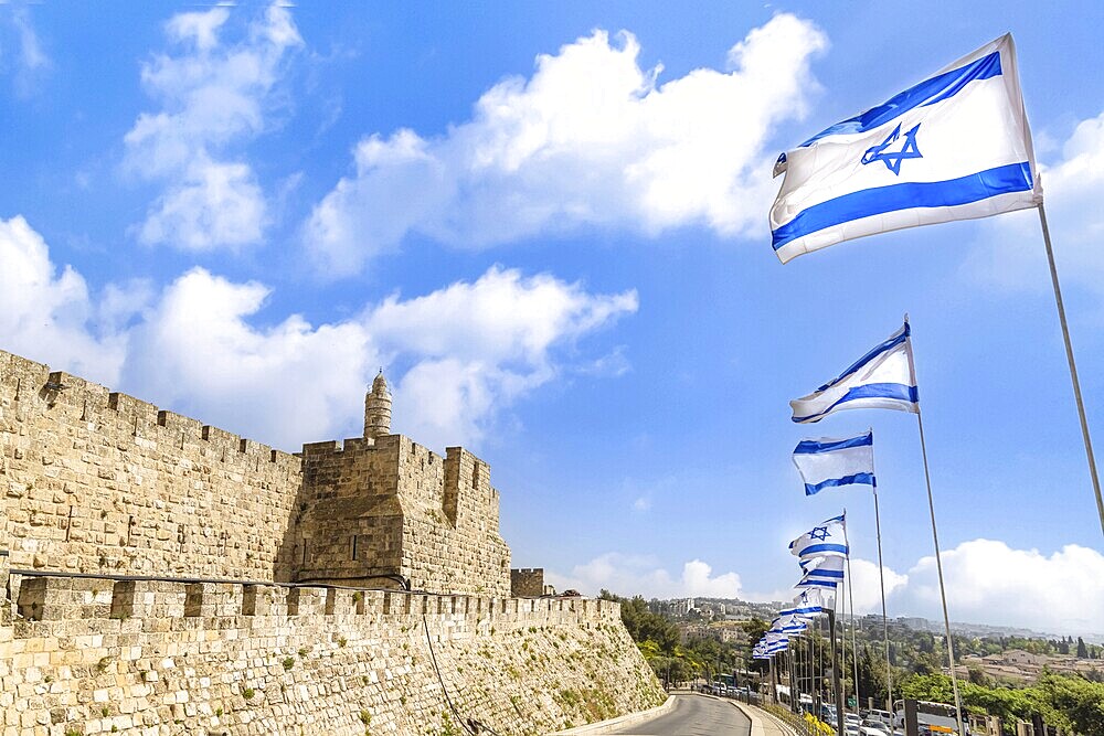 Jerusalem, Israel, landmark citadel Migdal David Tower of David in Old City near Jaffa Gate, Asia