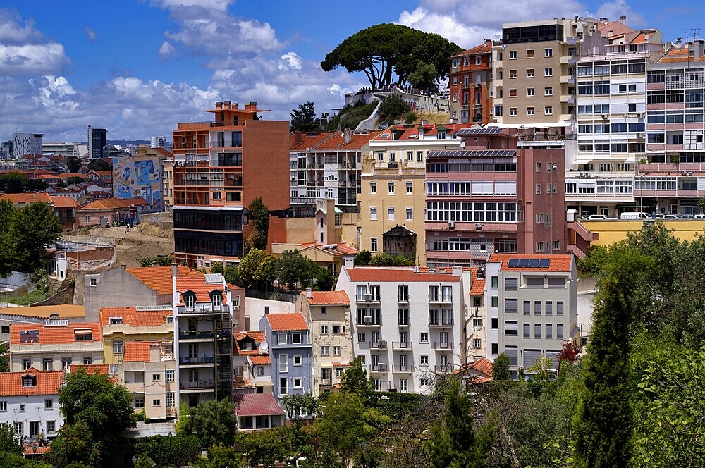 View from the viewpoint Miradouro da Graça, also Sophia de Mello Breyner Andresen, towards the viewpoint Miradouro de Santa Catarina, city view, historic city centre, Lisbon, Portugal, Europe