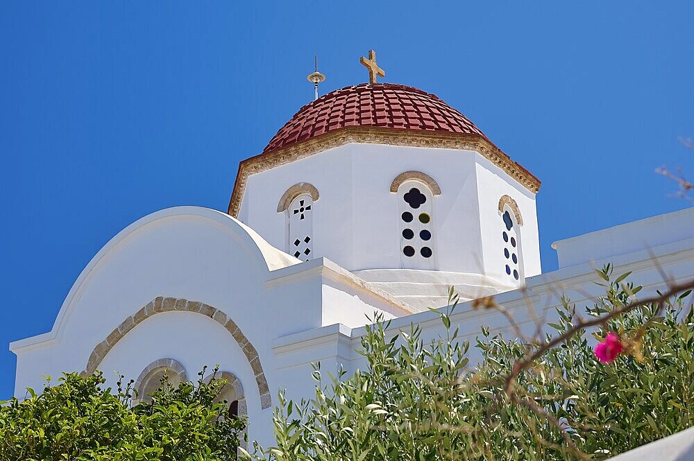 Detailed view of a church with red dome and white walls, surrounded by vegetation, Chora, Old Town, Patmos, Dodecanese, Greek Islands, Greece, Europe