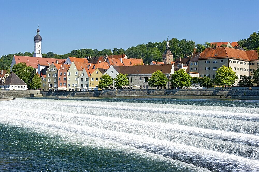 River Lech, white foaming agitated water, spray of the cascades at the Lech weir, old town with parish church Mariä Himmelfahrt, Landsberg am Lech, Upper Bavaria, Bavaria, Germany, Europe