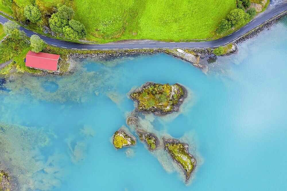 Aerial view of lake Lovatnet (or: Loenvatnet), Lovatnet, view towards south to glacier Jostedalsbreen, islands in the lake, valley Lodalen south of village Loen, Norway, Europe