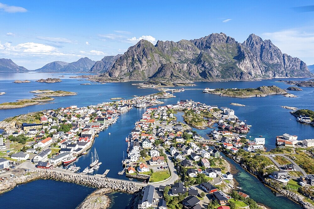 Aerial view over fishing village Henningsvaer, Lofoten, Norway, Europe