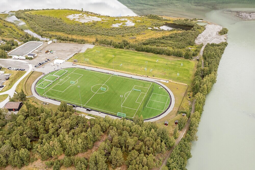 Aerial view of football pitch in village Lom, Jotunheimen National Park, Norway, Europe