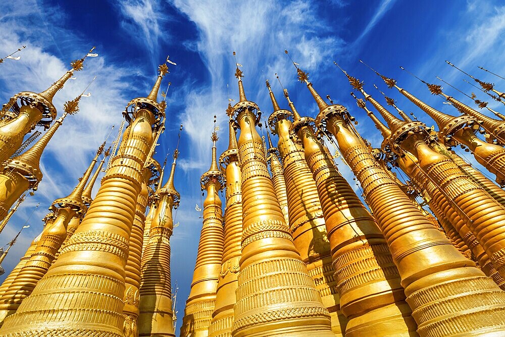 Golden stupas in Shwe Indein Pagoda, Inle lake, Myanmar, Asia