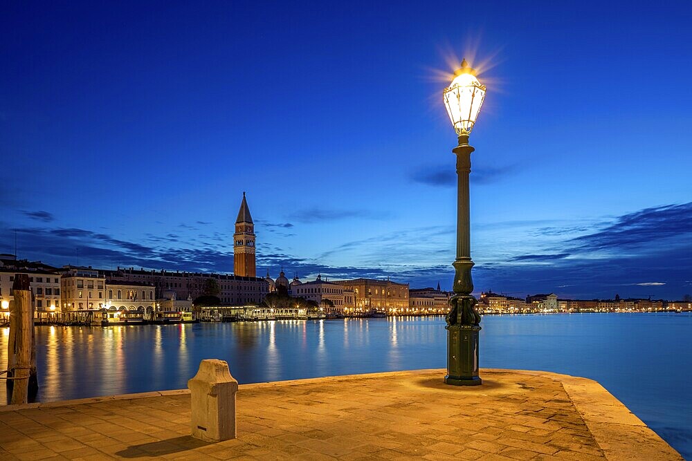 View of the Campanile of Punta della Dogana in Venice in the early morning