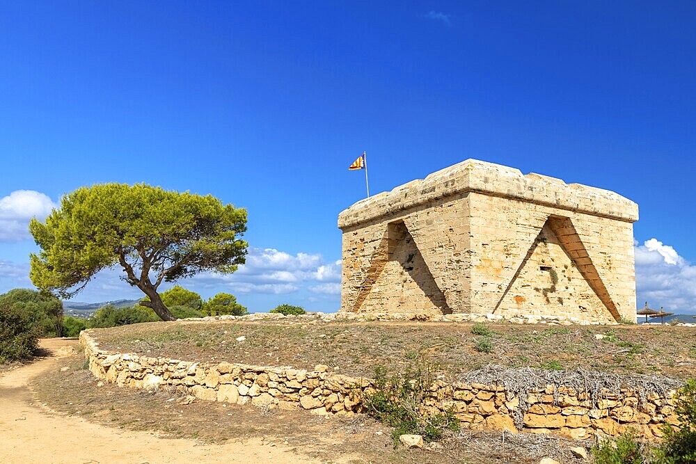 Old defence defence tower in the Punta de n'Amer nature reserve near Cala Millor, Majorca