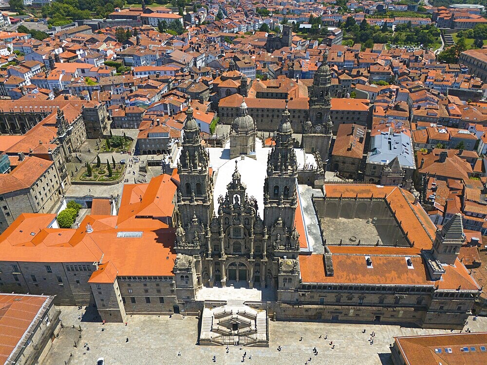 The aerial view captures the cathedral and the red roofs of a historic city, surrounded by stone buildings, Cathedral, Santiago de Compostela, autonomous community of Galicia, place of pilgrimage, destination of the Way of St James, Spain, Europe