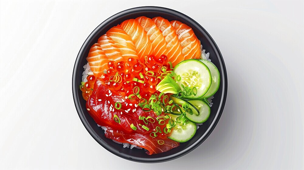 Poke bowl on white background, AI generated