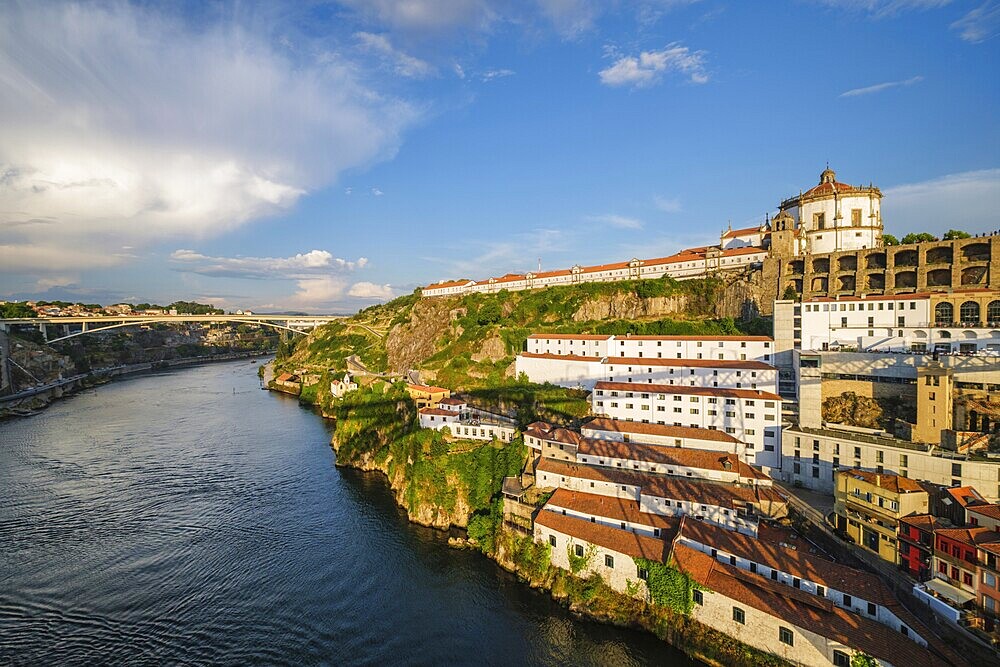 View of Vila Nova de Gaia city with Mosteiro da Serra do Pilar monastery and Douro river on sunset. Porto, Vila Nova de Gaia, Portugal, Europe