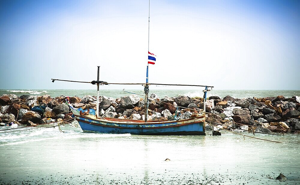 Old Longtail Boat On The Beach. Thailand