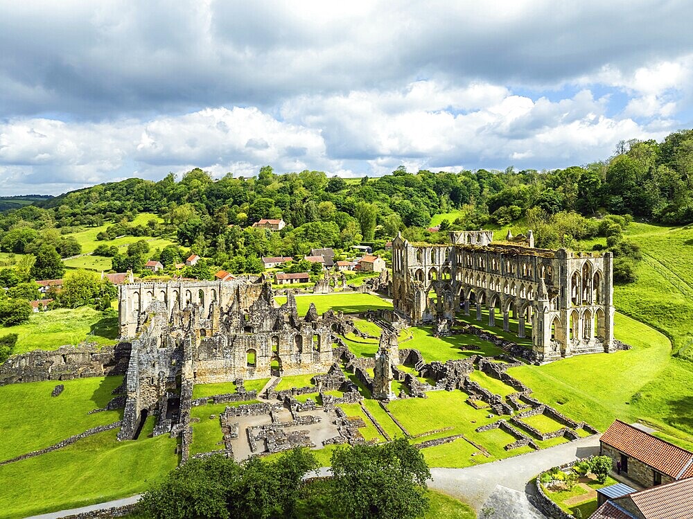 Rievaulx Abbey from a drone, North York Moors National Park, North Yorkshire, England, United Kingdom, Europe