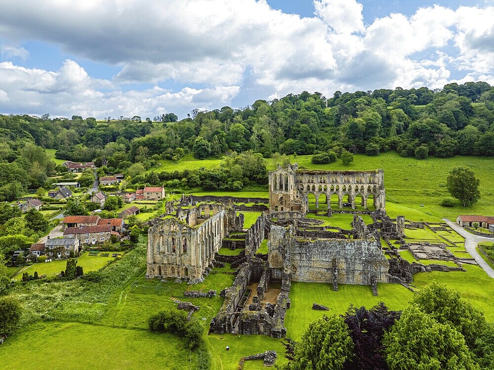 Rievaulx Abbey from a drone, North York Moors National Park, North Yorkshire, England, United Kingdom, Europe