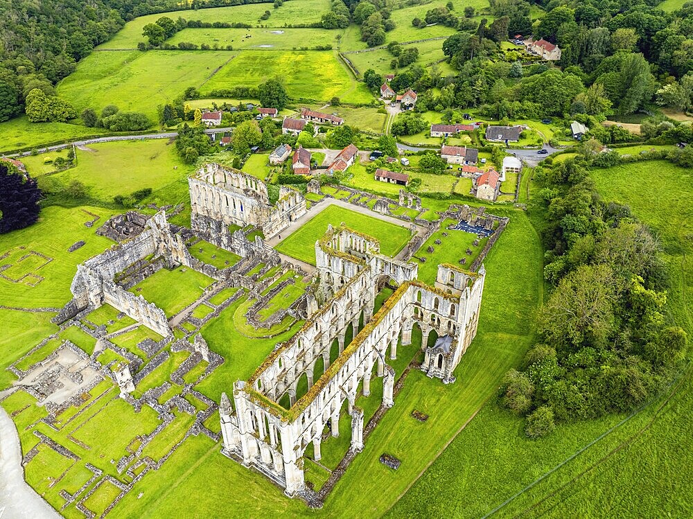 Rievaulx Abbey from a drone, North York Moors National Park, North Yorkshire, England, United Kingdom, Europe