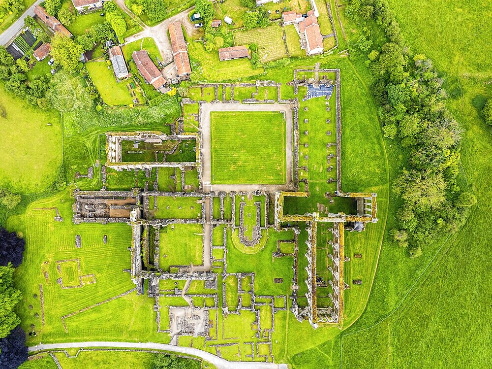 Top Down over Rievaulx Abbey from a drone, North York Moors National Park, North Yorkshire, England, United Kingdom, Europe