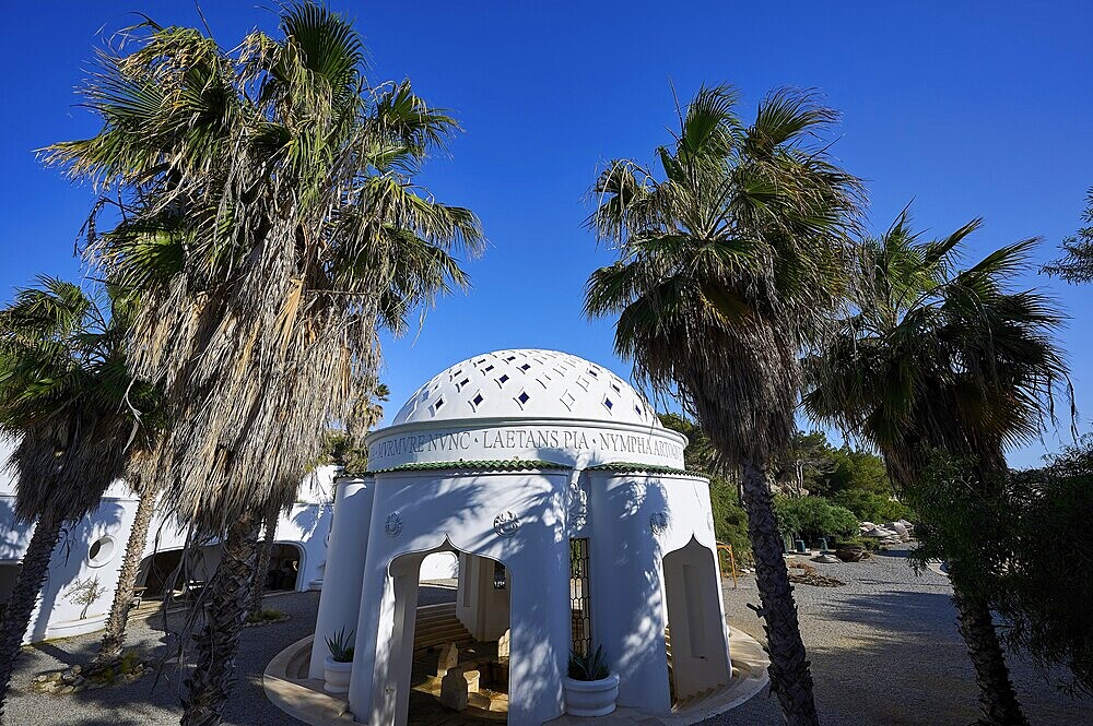 White building with domed roof and palm trees, shown under a clear blue sky, thermal springs, thermal baths, thermal baths of Kallithea, Kallithea, Rhodes, Dodecanese, Greek Islands, Greece, Europe